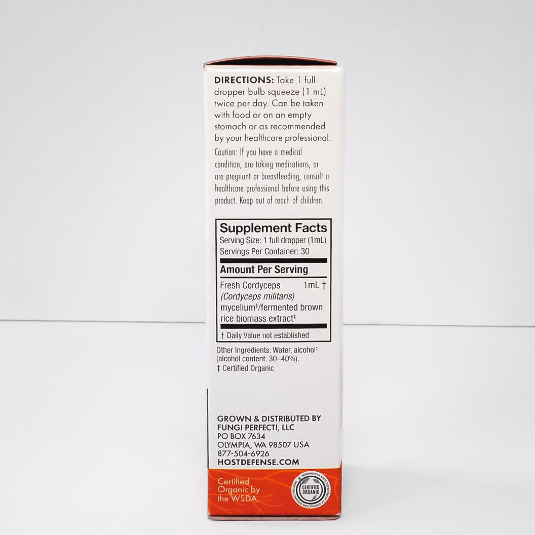 Vertical white box of Cordyceps Extra support supplement with orange mushroom graphic and green base text