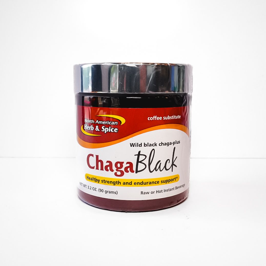 Jar of ChagaBlack mushroom coffee with a black lid and white, red, and yellow label.