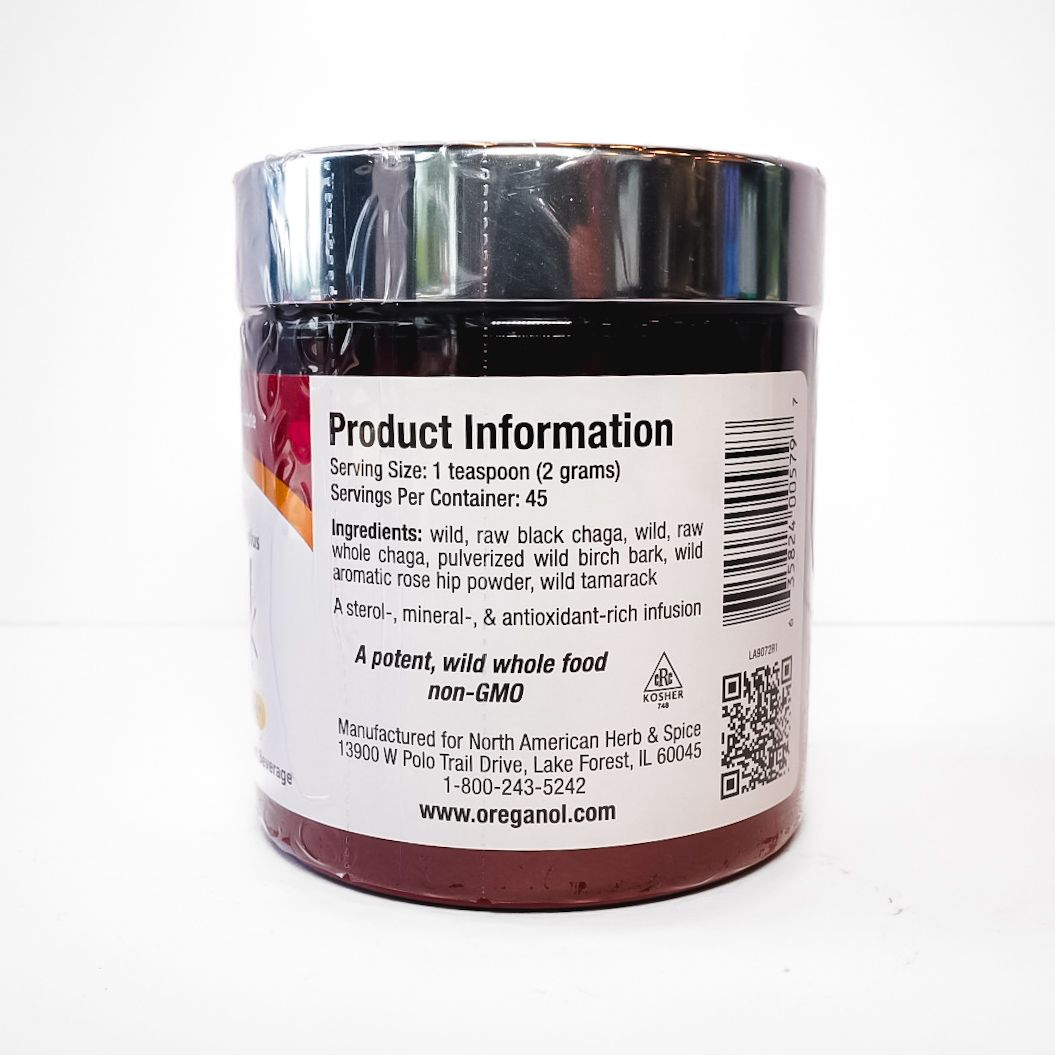 Jar of ChagaBlack mushroom coffee with a black lid and white, red, and yellow label.