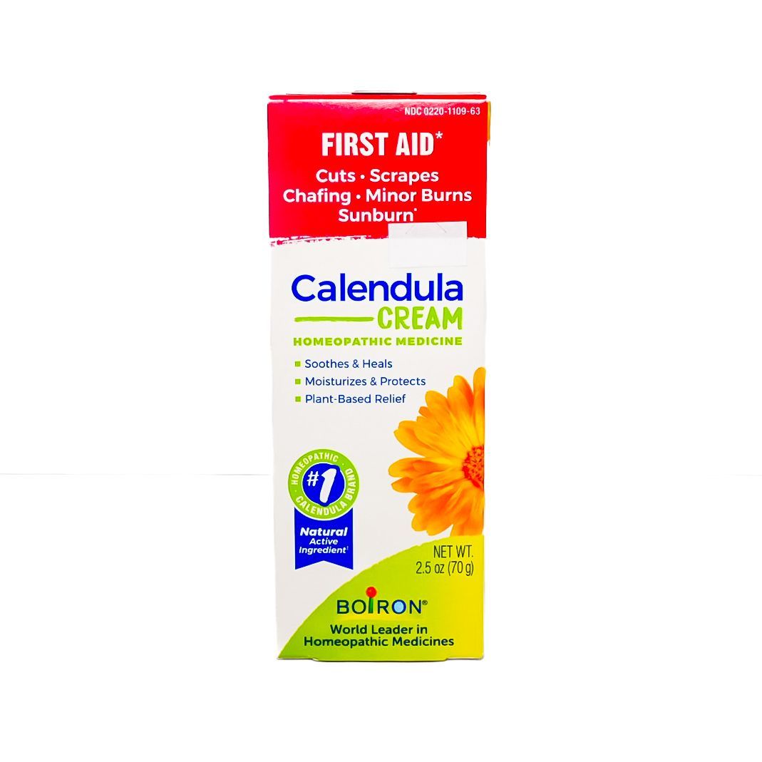 Boiron Calendula Cream box, white with red top and yellow flower
