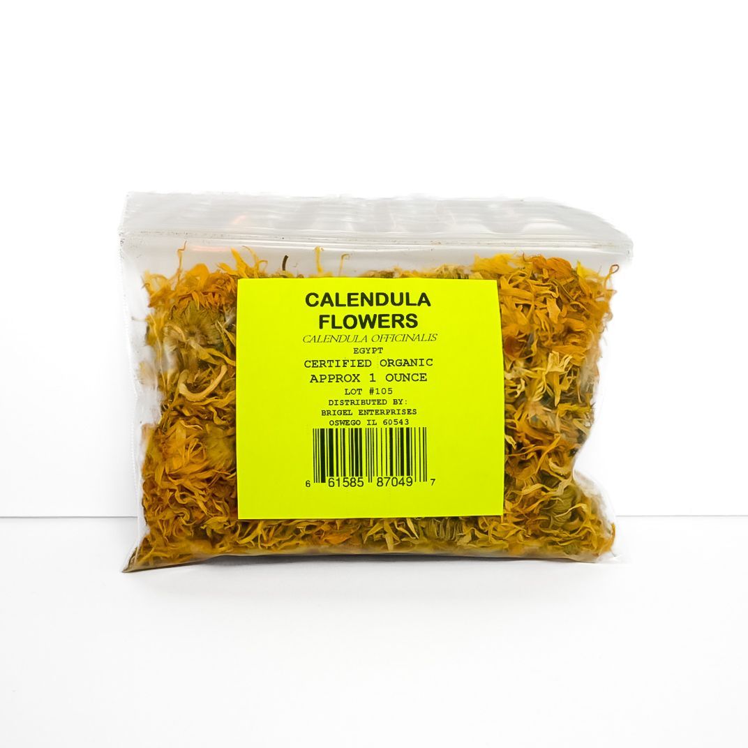 Plastic bag of dried calendula flowers with a bright yellow label on a white background