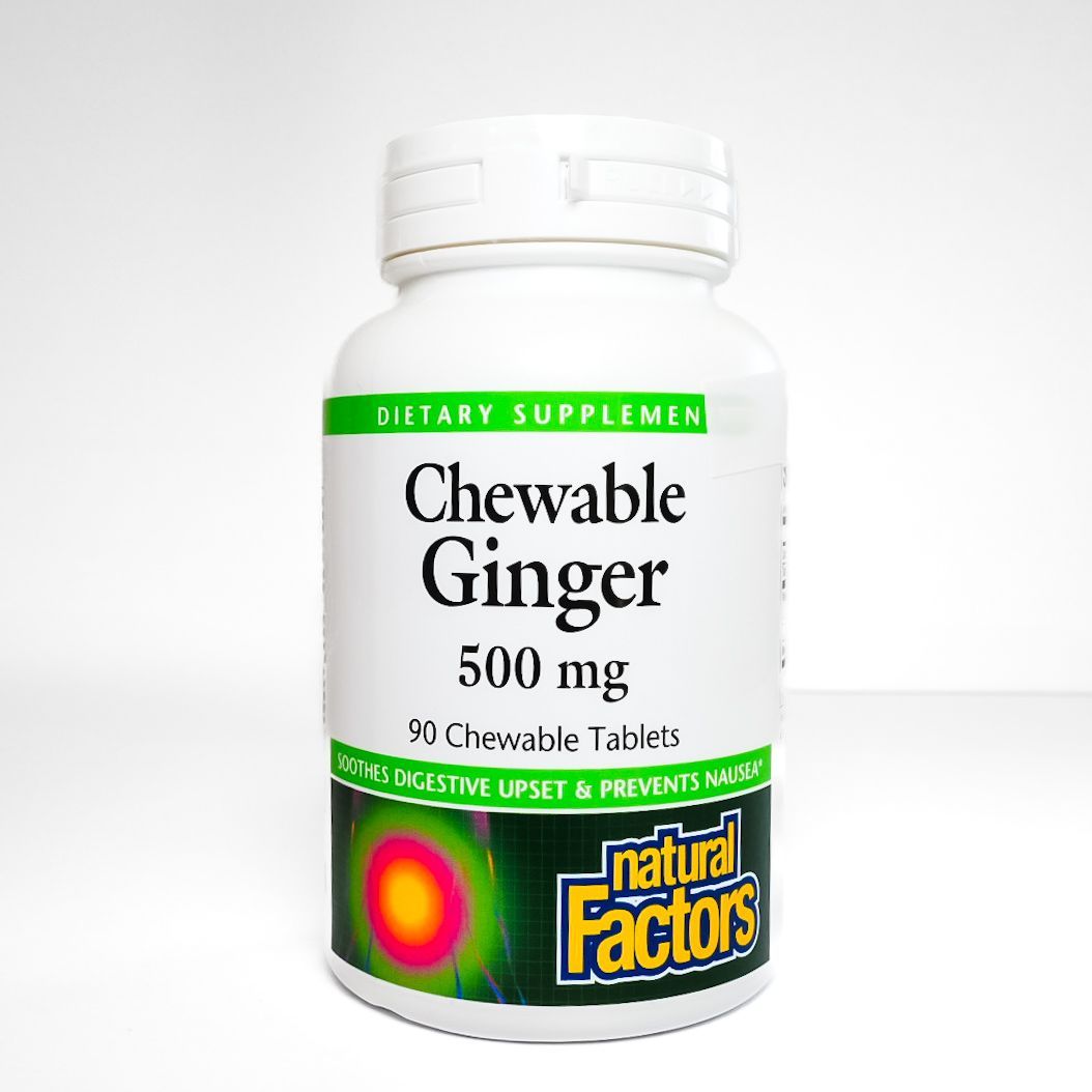 Chewable Ginger 500 mg dietary supplement bottle with green and white label