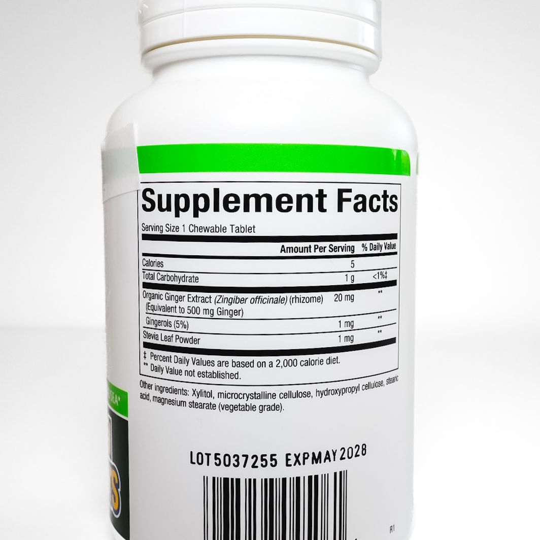 Chewable Ginger 500 mg dietary supplement bottle with green and white label