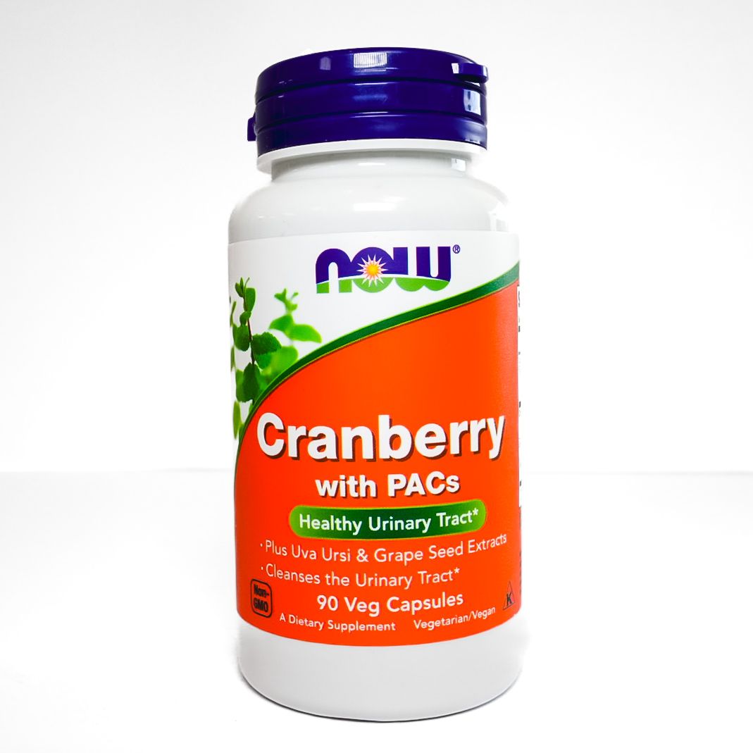 NOW Cranberry with PACs supplement bottle, white with orange label and purple cap