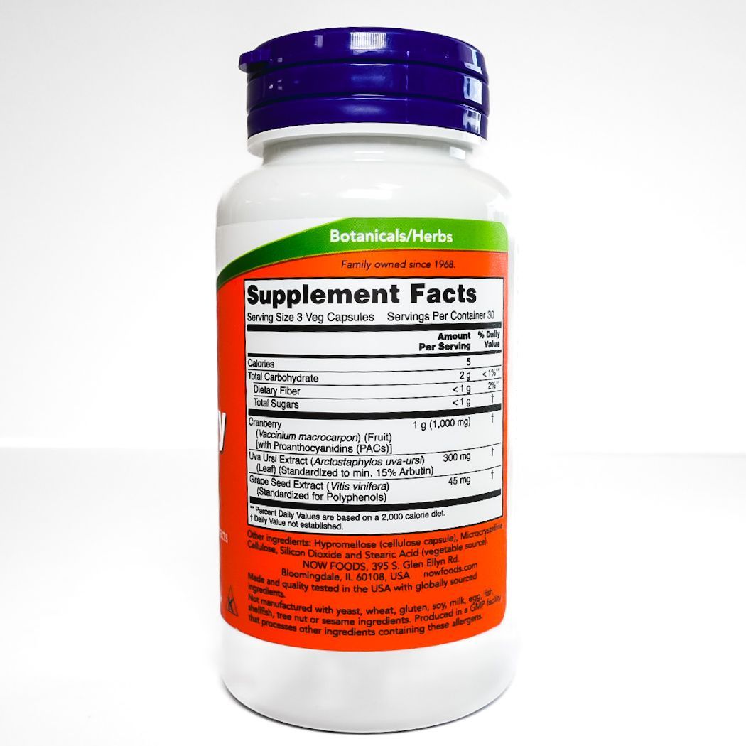 NOW Cranberry with PACs supplement bottle, white with orange label and purple cap