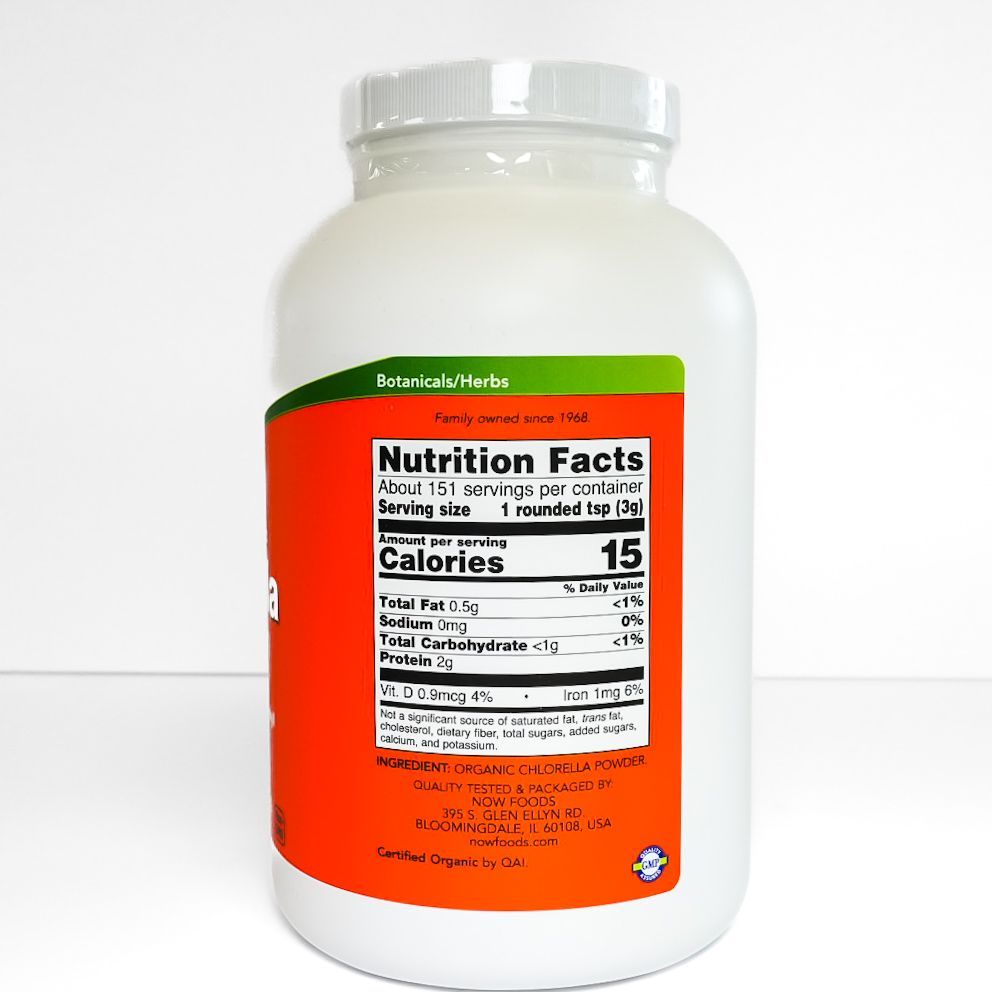 White bottle of NOW Certified Organic Chlorella pure powder with orange label and green accents