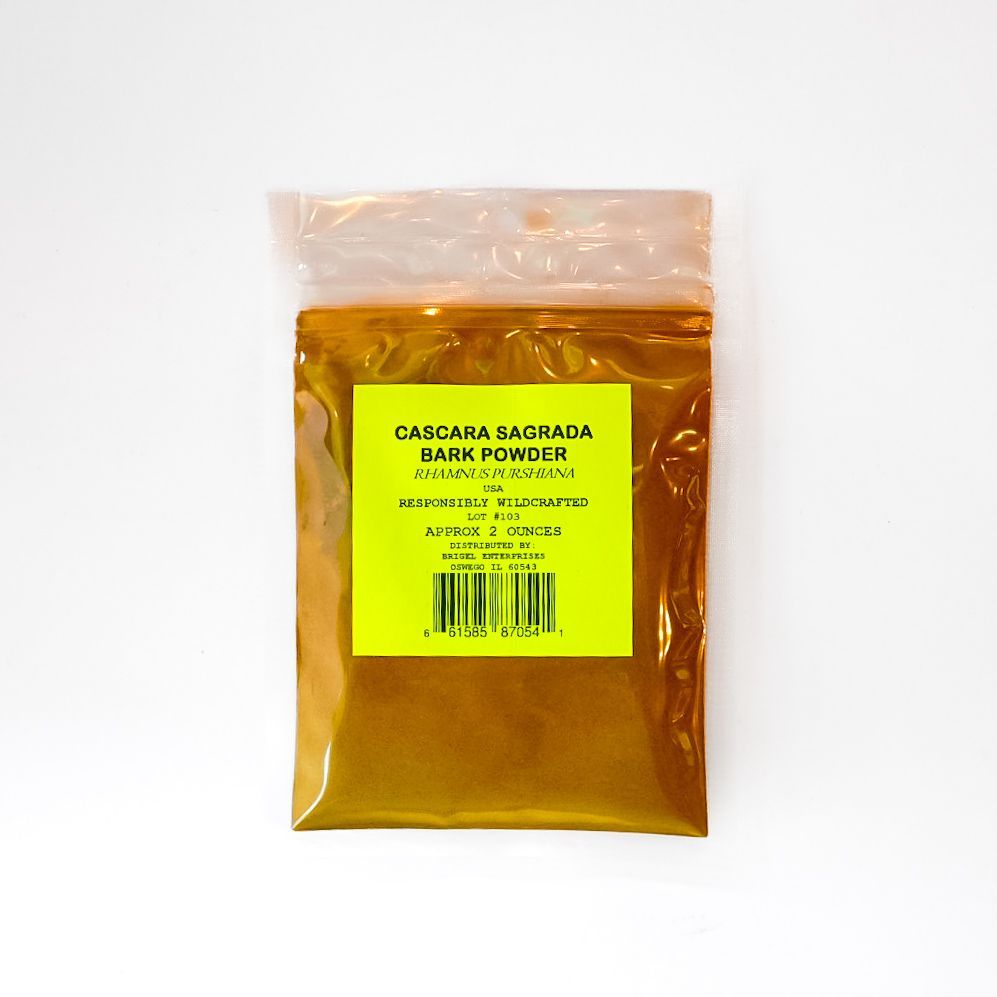 Clear plastic bag of golden-brown bark powder with a bright yellow label.
