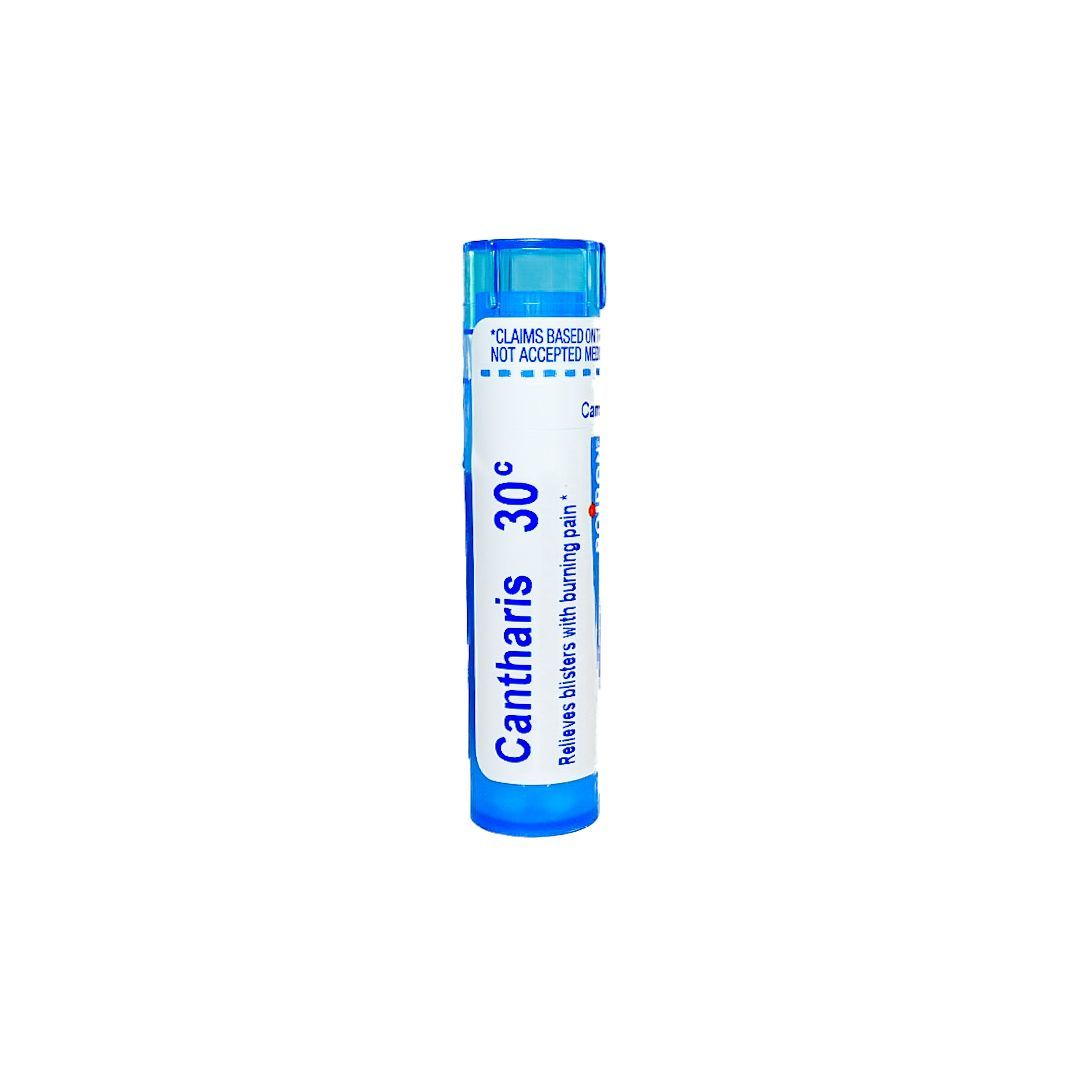 Blue-and-white cylindrical homeopathic tube labeled “Cantharis 30C”