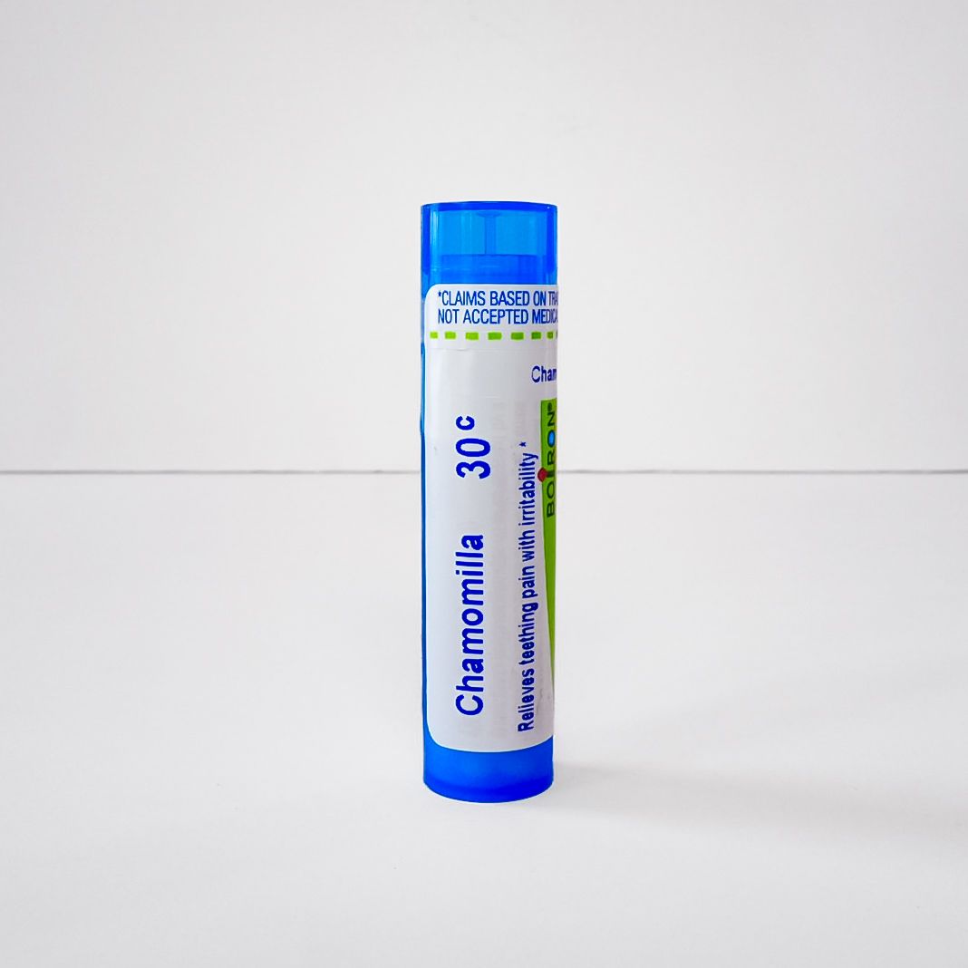 Blue-capped tube labeled “Chamomilla 30C” on a plain white background