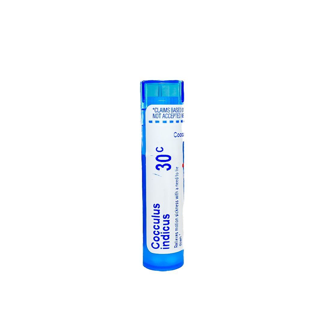 Blue tube of Cocculus indicus 30C homeopathic medicine on white background