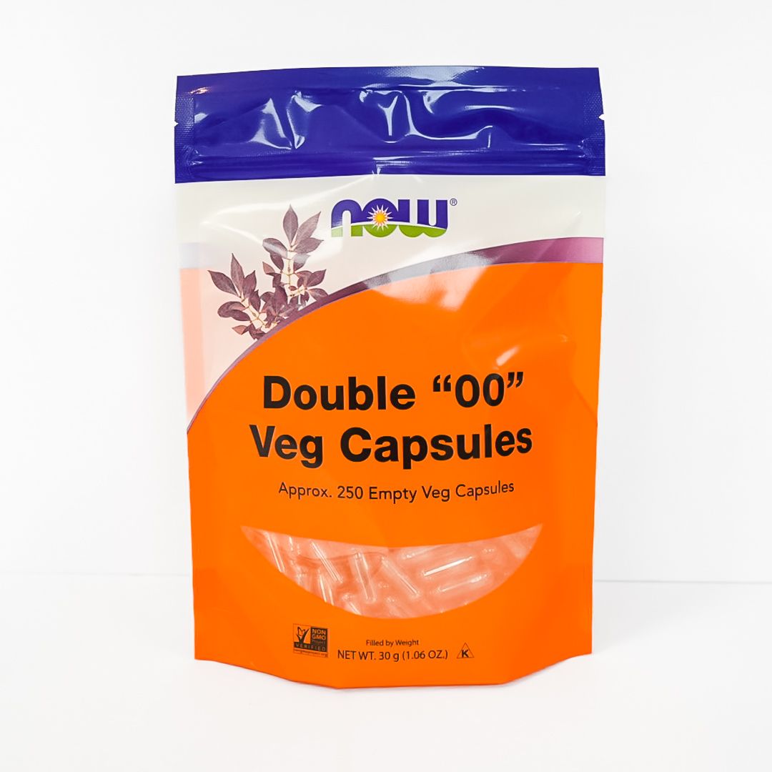 Orange NOW brand Double "00" Veg Capsules bottle with purple top and white label