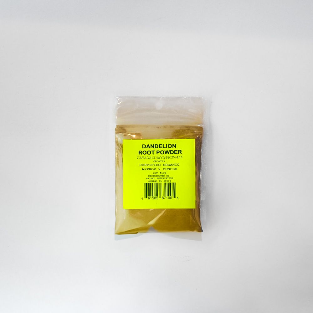 Small clear plastic bag of yellow dandelion root powder with a bright label on a white background