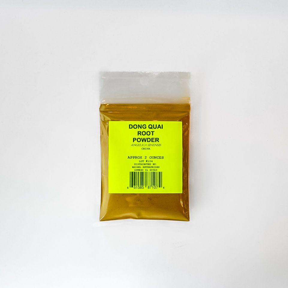 Small clear plastic bag of yellow powder with a bright green label on a white background