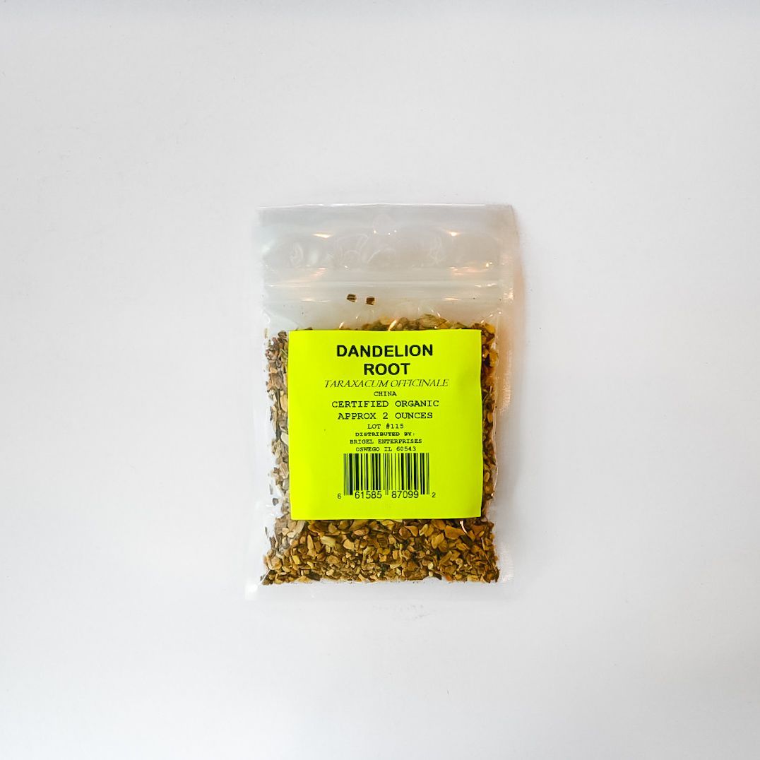 Small clear bag of dried dandelion root with a bright yellow label on a white background