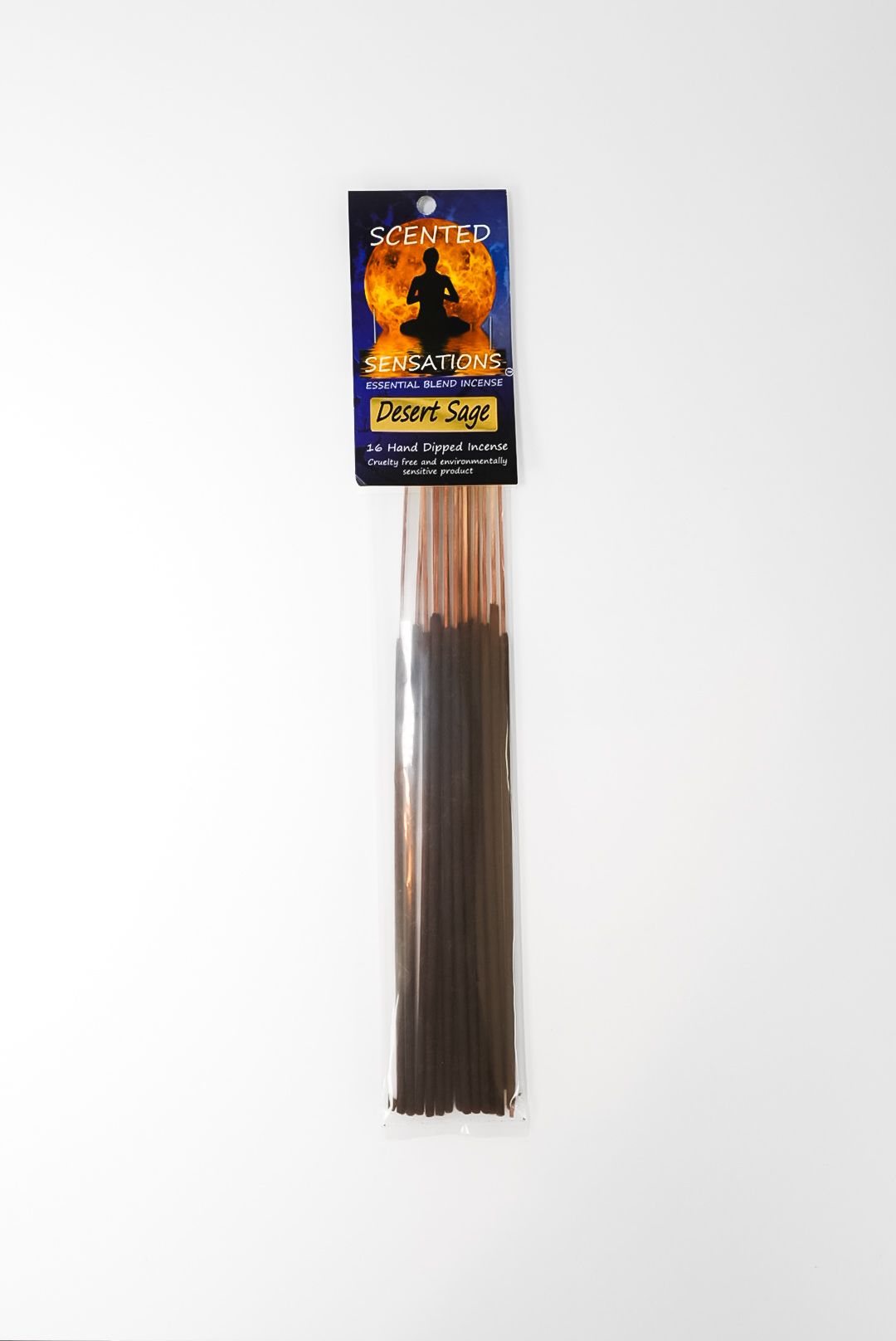 Bundle of brown incense sticks with a black and orange hanging label on a white background