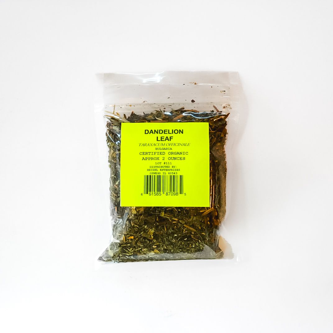 Clear plastic bag of dried dandelion leaves with a bright yellow label and barcode