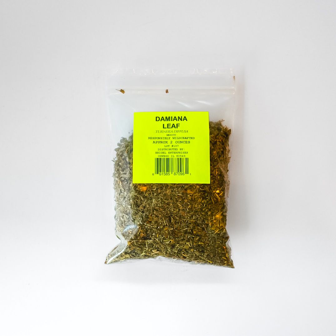 Clear bag of dried herbs with a bright yellow label on a white background