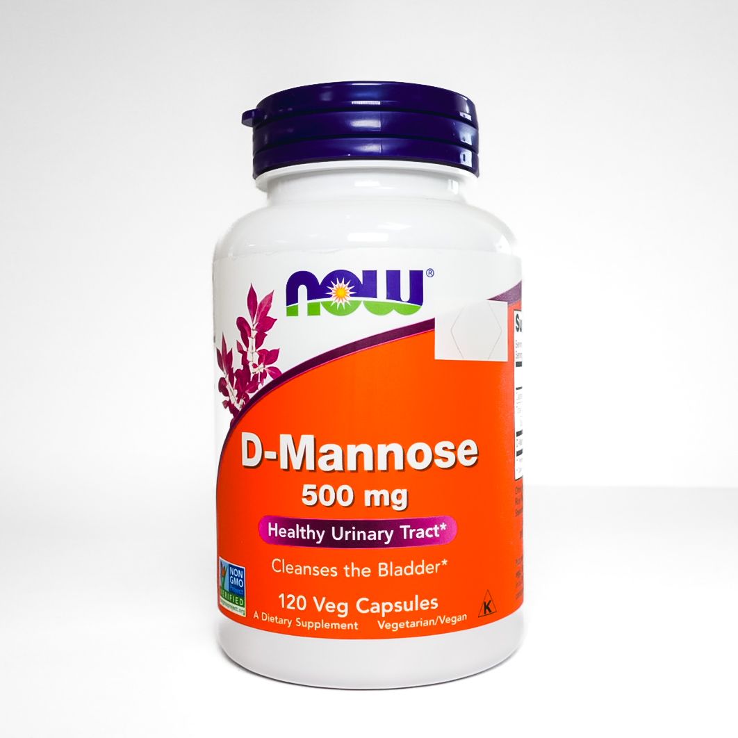 NOW D-Mannose 500 mg veggie capsules bottle with white and orange label