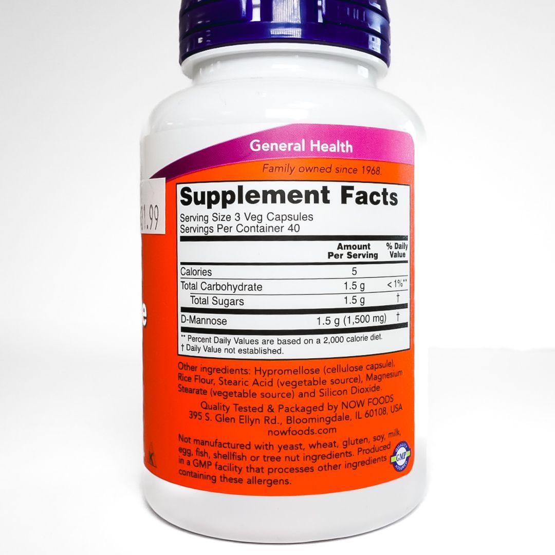 NOW D-Mannose 500 mg veggie capsules bottle with white and orange label