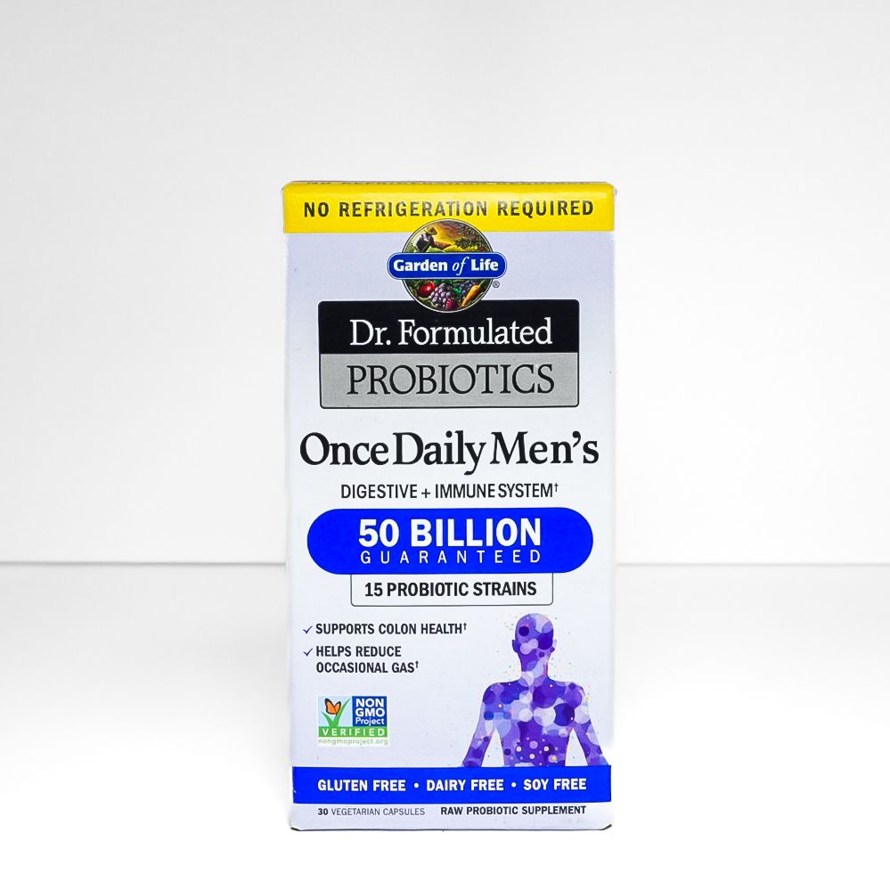 Dr. Formulated Probiotics Once Daily Men's 50 Billion supplement box with blue and white label