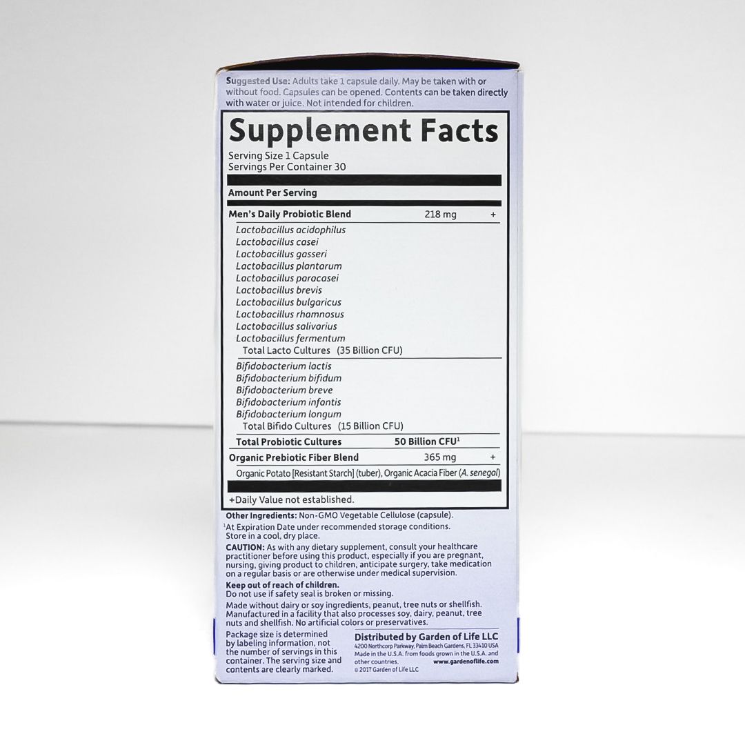 Dr. Formulated Probiotics Once Daily Men's 50 Billion supplement box with blue and white label