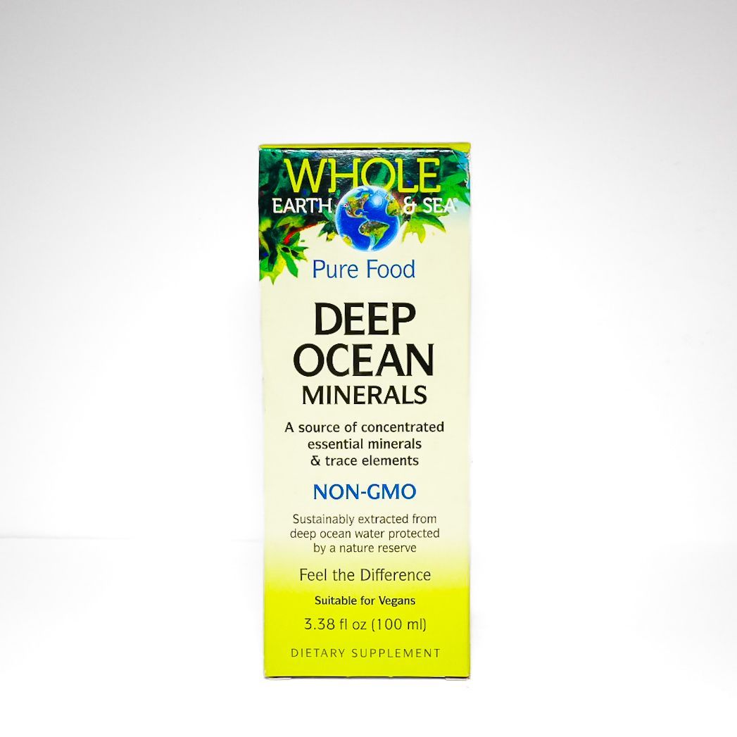 Whole Earth Pure Food Deep Ocean Minerals supplement box with green and yellow design