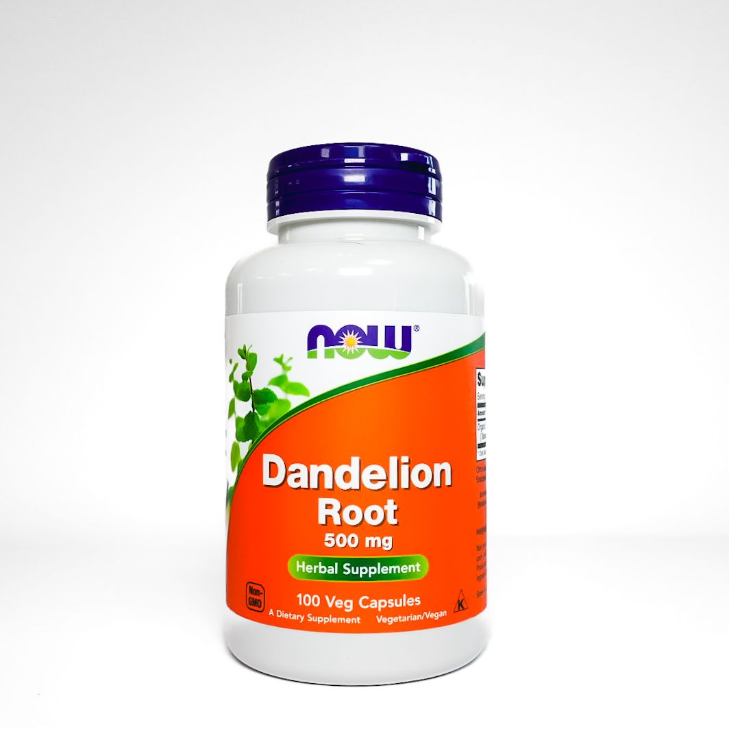 NOW Dandelion Root herbal supplement bottle with orange label and blue cap