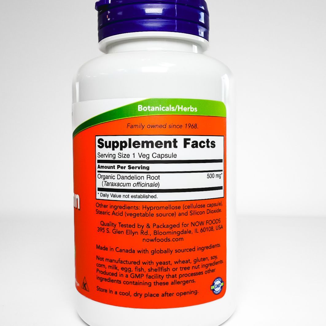 NOW Dandelion Root supplement bottle with blue cap and orange label on white background