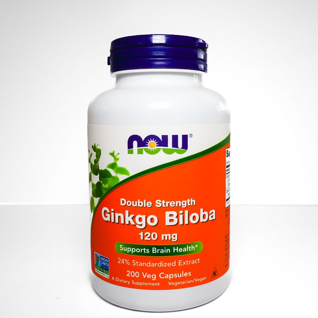 NOW Foods Ginkgo Biloba 120 mg supplement bottle with orange-and-green label and purple cap