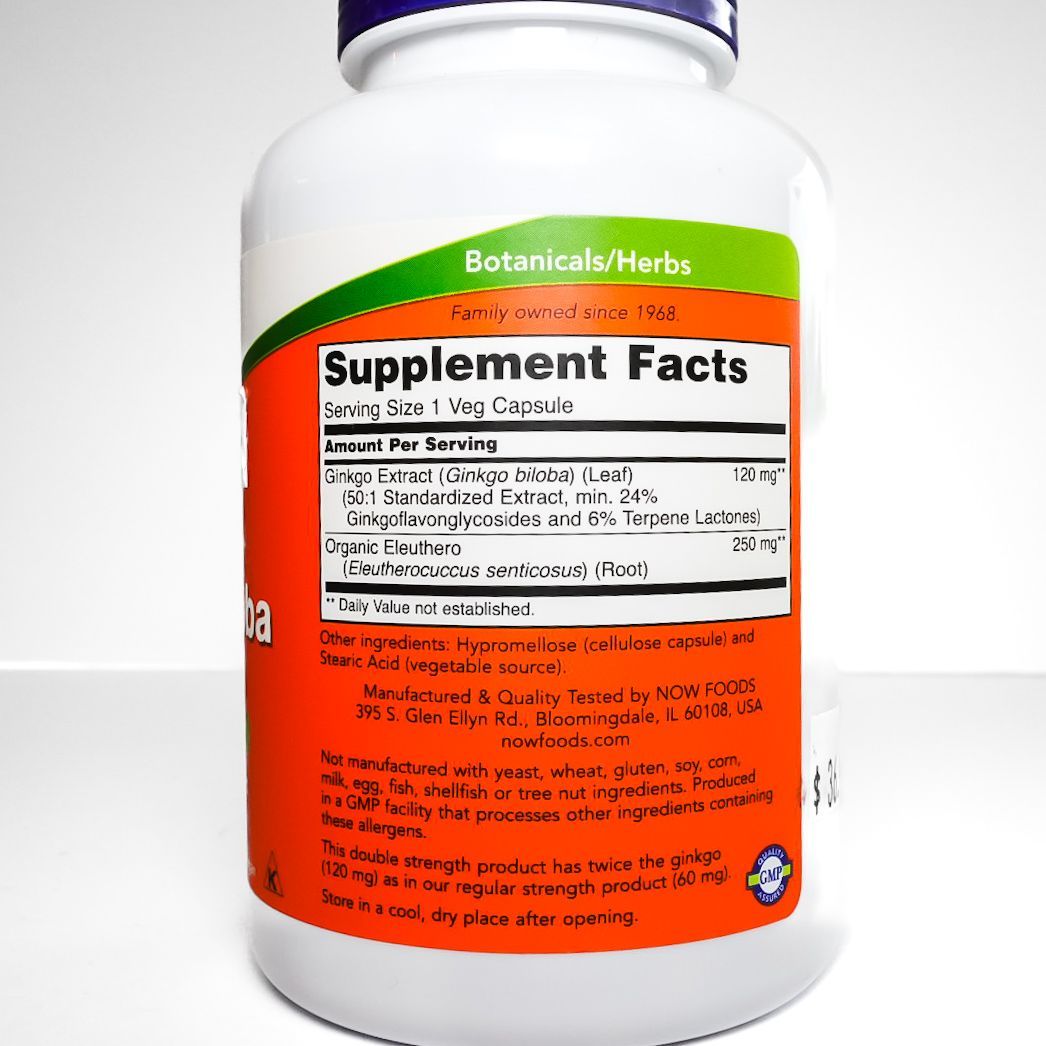 NOW Foods Ginkgo Biloba 120 mg supplement bottle with orange-and-green label and purple cap