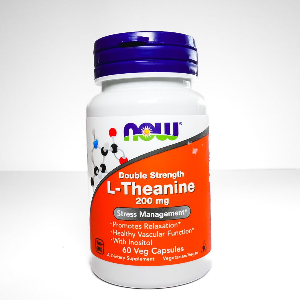 NOW L-Theanine 200 mg supplement bottle with blue cap and orange label on white background