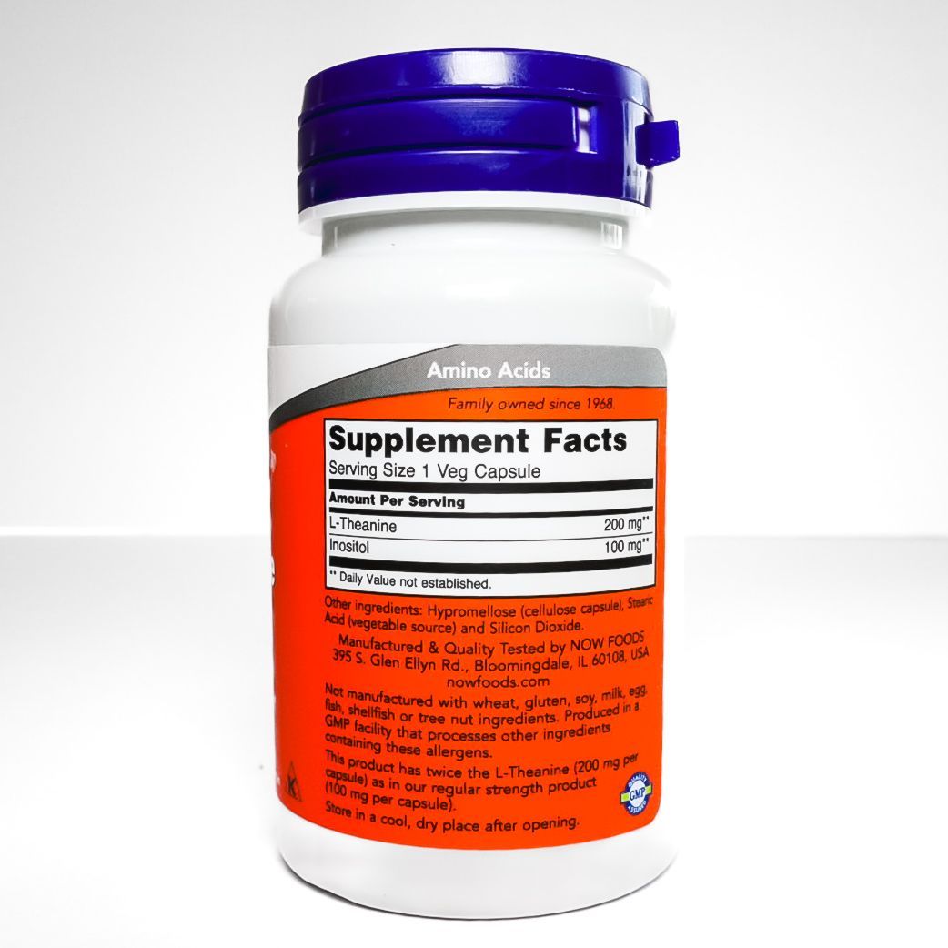 NOW L-Theanine 200 mg supplement bottle with purple cap and orange label on white background