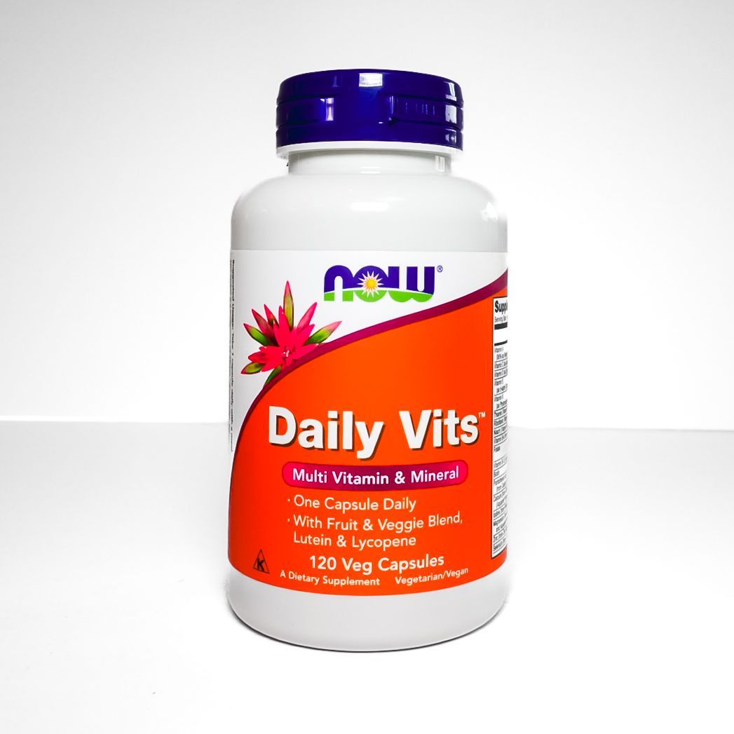 NOW Foods Daily Vits multivitamin bottle with white label and orange front on a white background