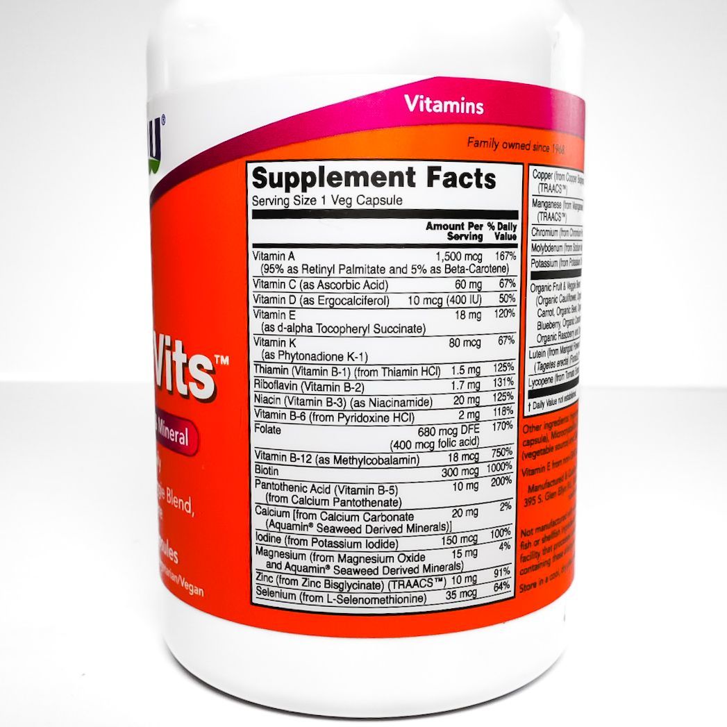 NOW Foods Daily Vits multivitamin bottle with white label and orange front on a white background