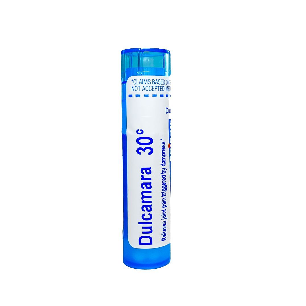 Blue medicine vial labeled “Dulcamara 30c” on a white background