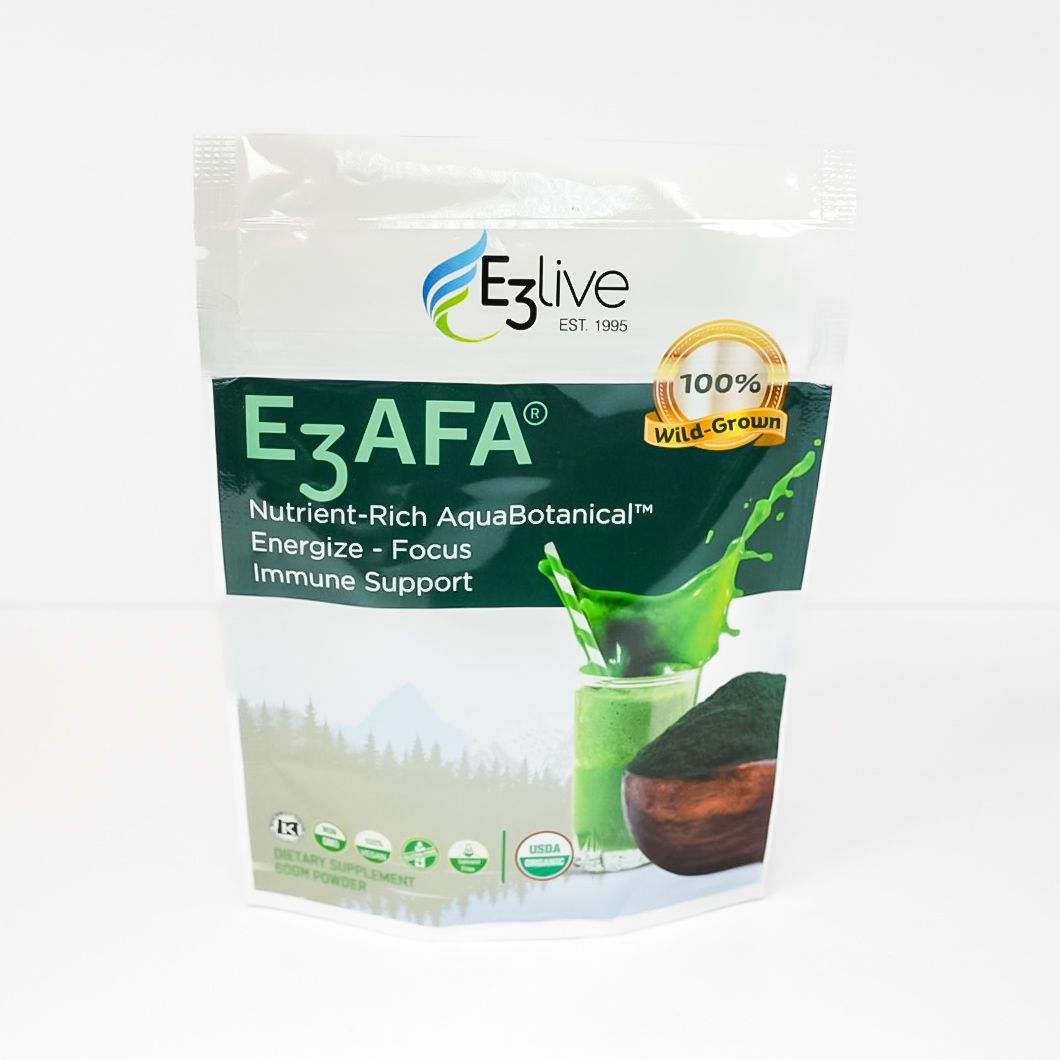 E3AFA dietary supplement pouch with green and white packaging and an aloe leaf graphic