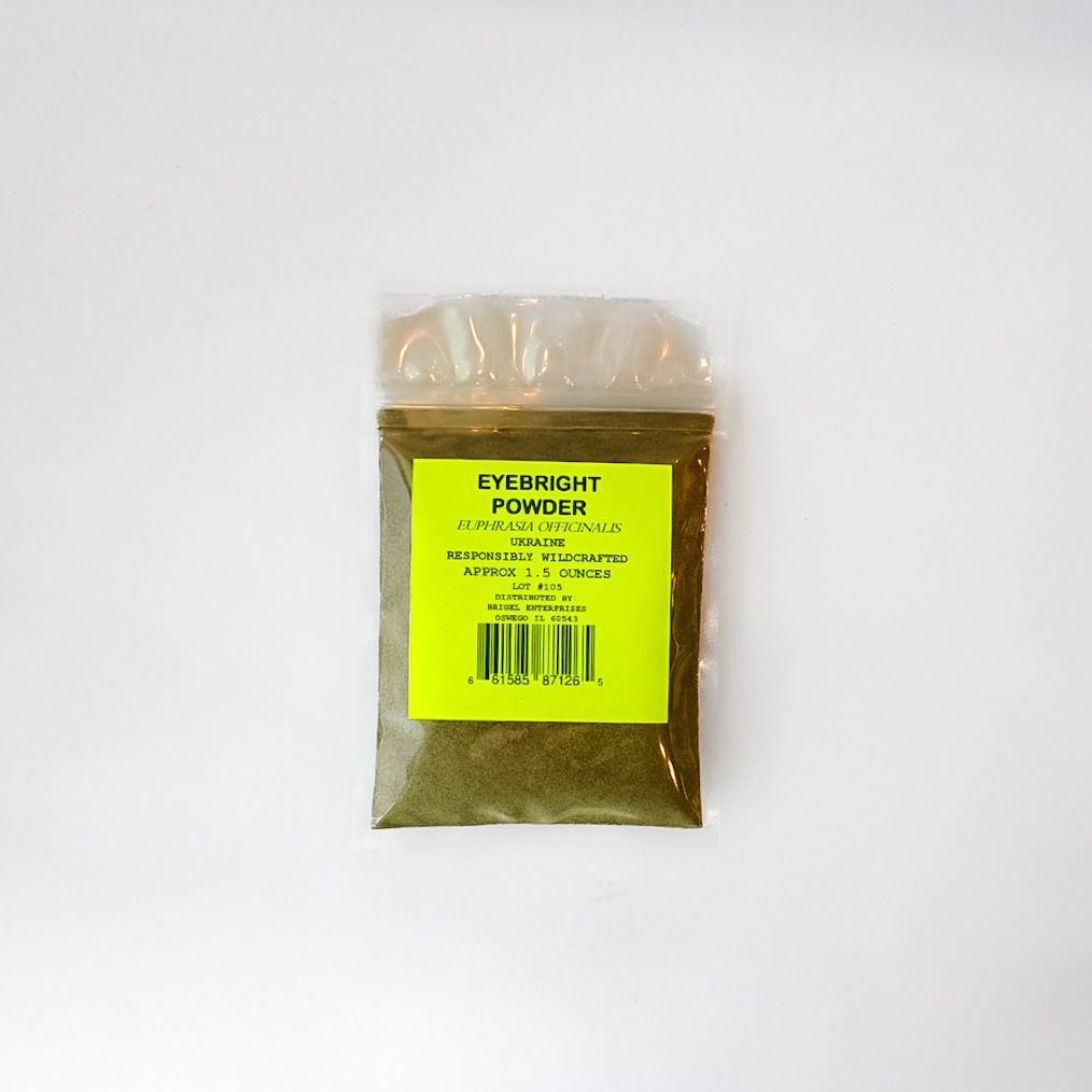 Small clear bag of yellow-brown powdered product with a bright yellow label on a white background