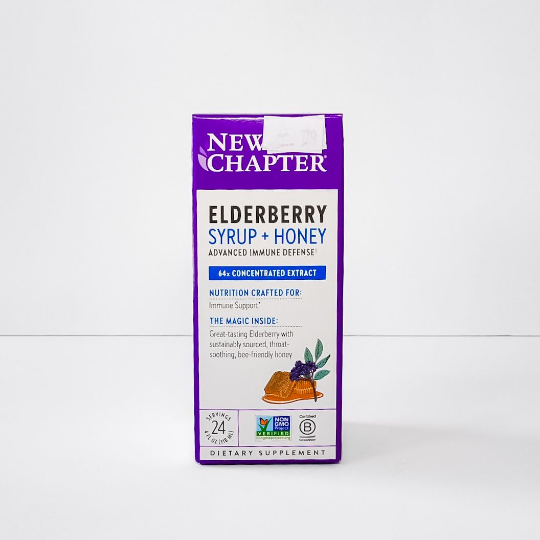 New Chapter Elderberry Syrup + Honey bottle with purple label on a white background