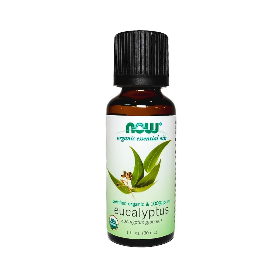 Bottle of NOW eucalyptus essential oil with green label and black cap