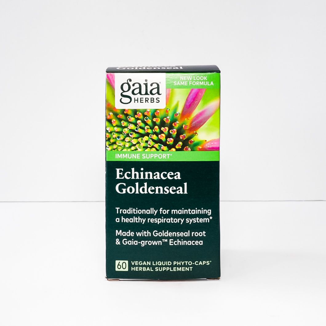 Gaia Herbs Echinacea Goldenseal supplement box with green floral design