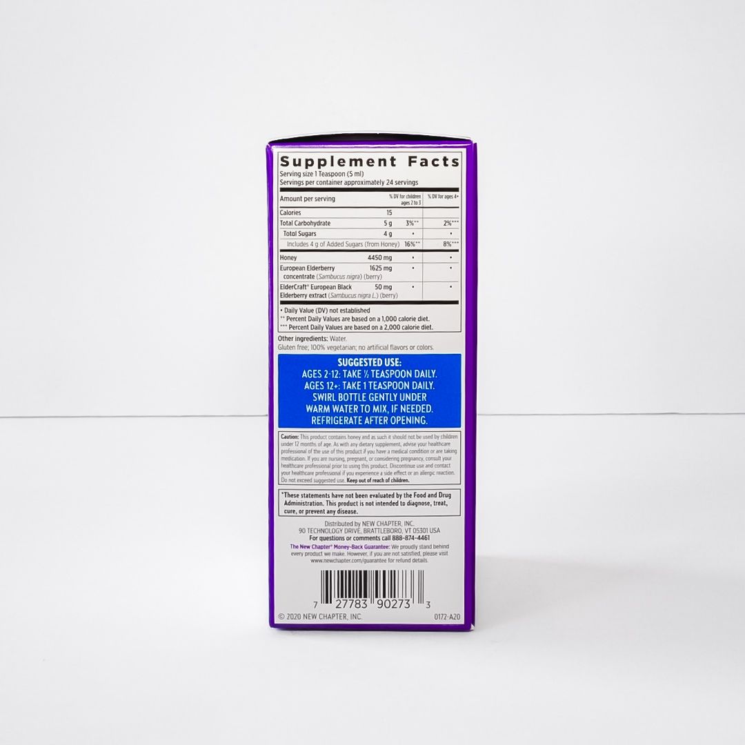 New Chapter Elderberry Syrup + Honey bottle with purple label on a white background