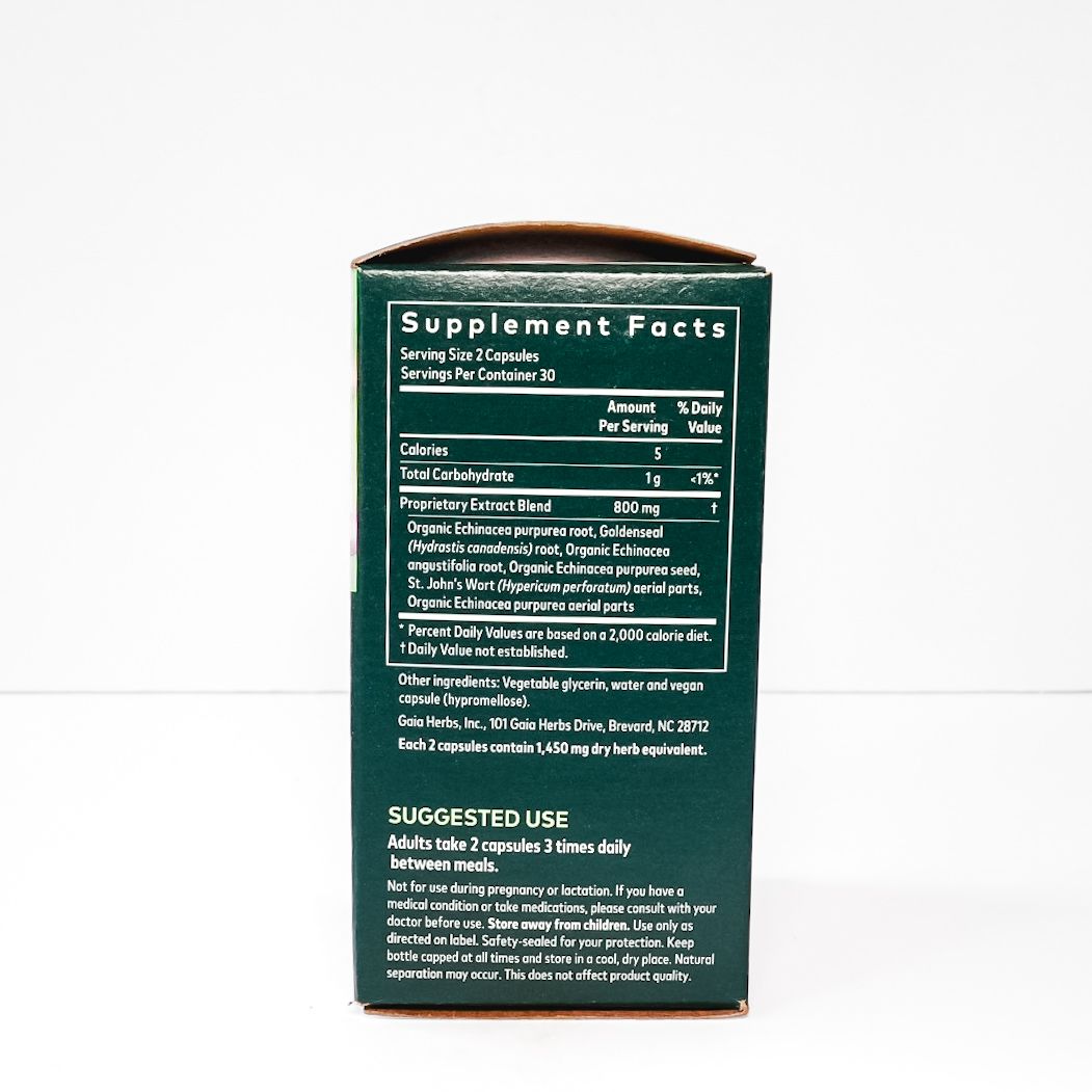 Gaia Herbs Echinacea Goldenseal supplement box with green floral design