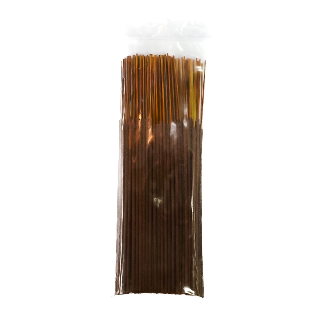 Brown incense sticks in a clear plastic package with a bright yellow label and barcode.
