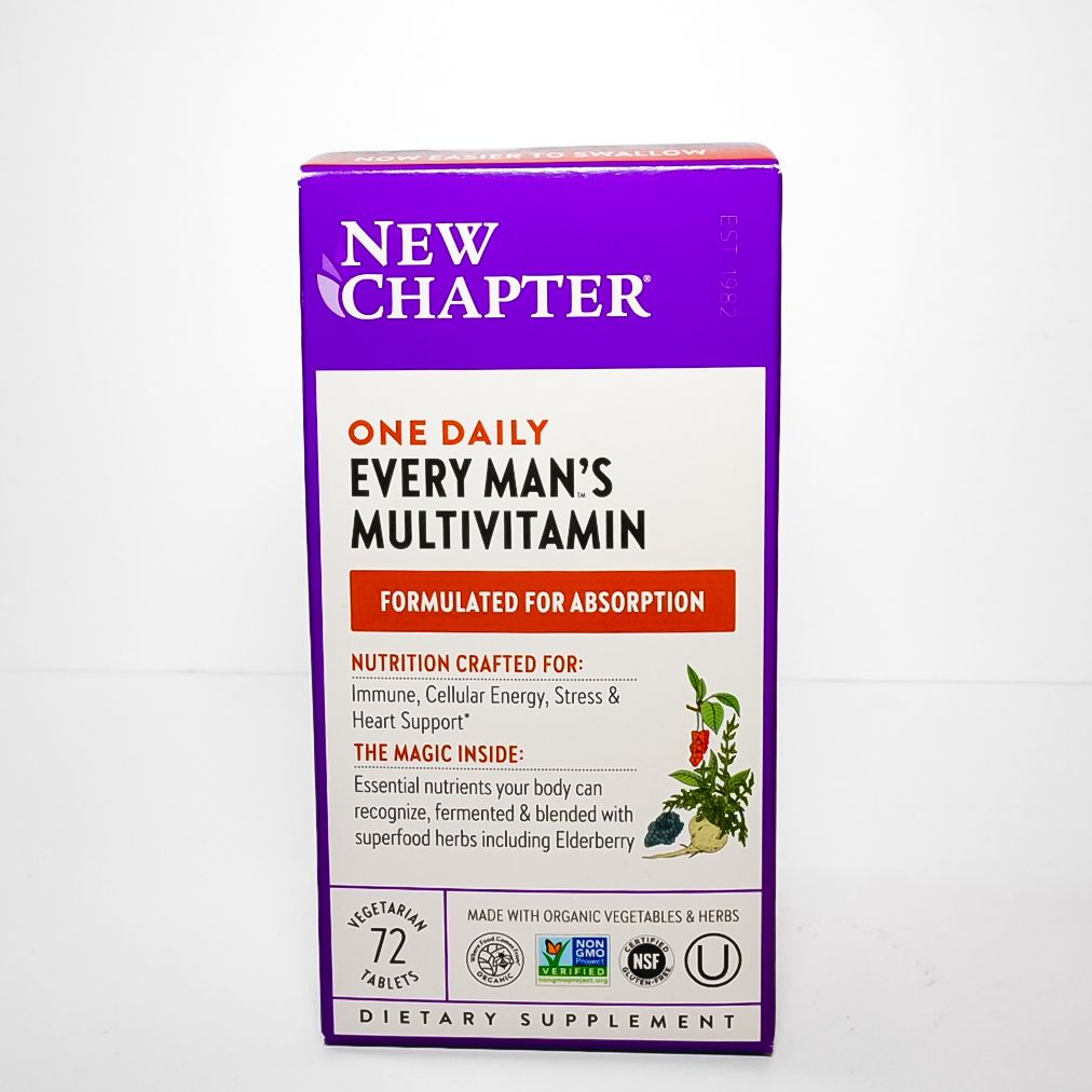Purple and white New Chapter “Every Man’s Multivitamin” supplement box with red label accents.