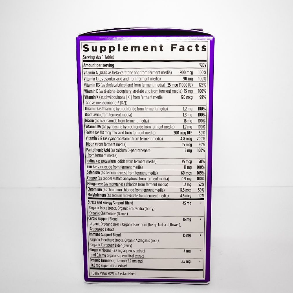 Purple and white New Chapter “Every Man’s Multivitamin” supplement box with red label accents.
