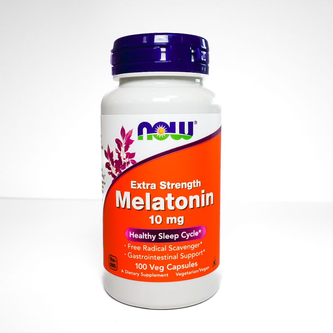 NOW Melatonin 10 mg supplement bottle with purple cap and orange label