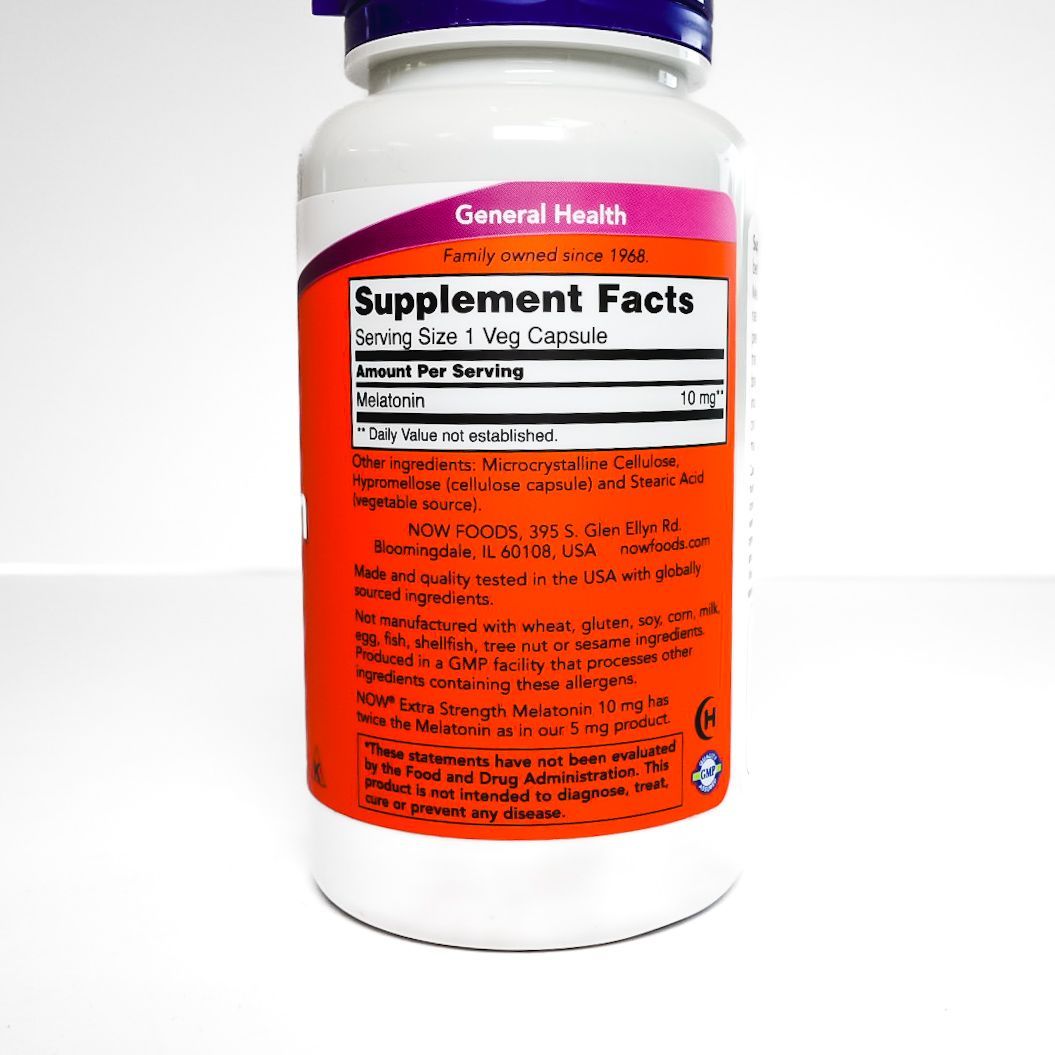 NOW Foods Extra Strength Melatonin 10 mg bottle, white with orange label and purple cap
