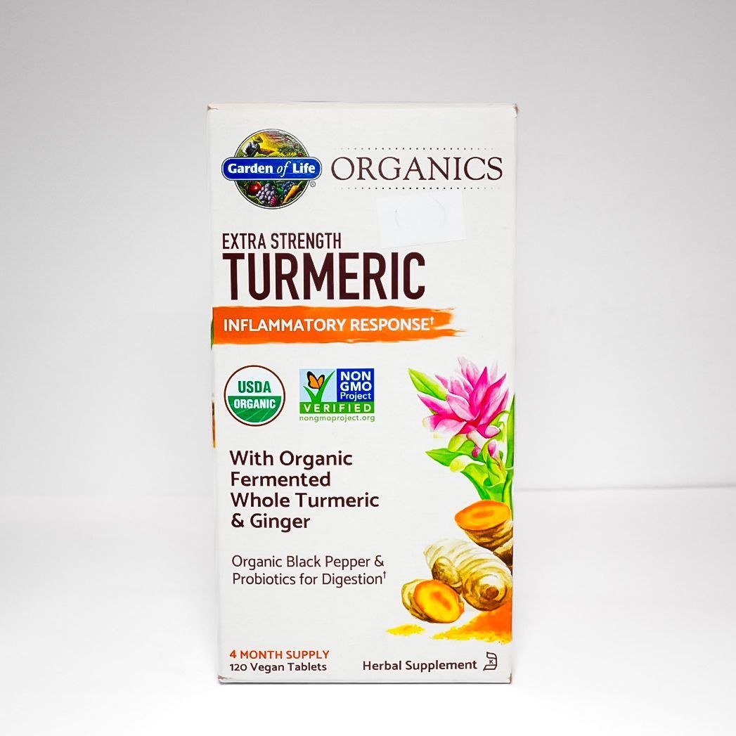 Nature’s Way Organics Extra Strength Turmeric supplement box with pink flower and turmeric root image