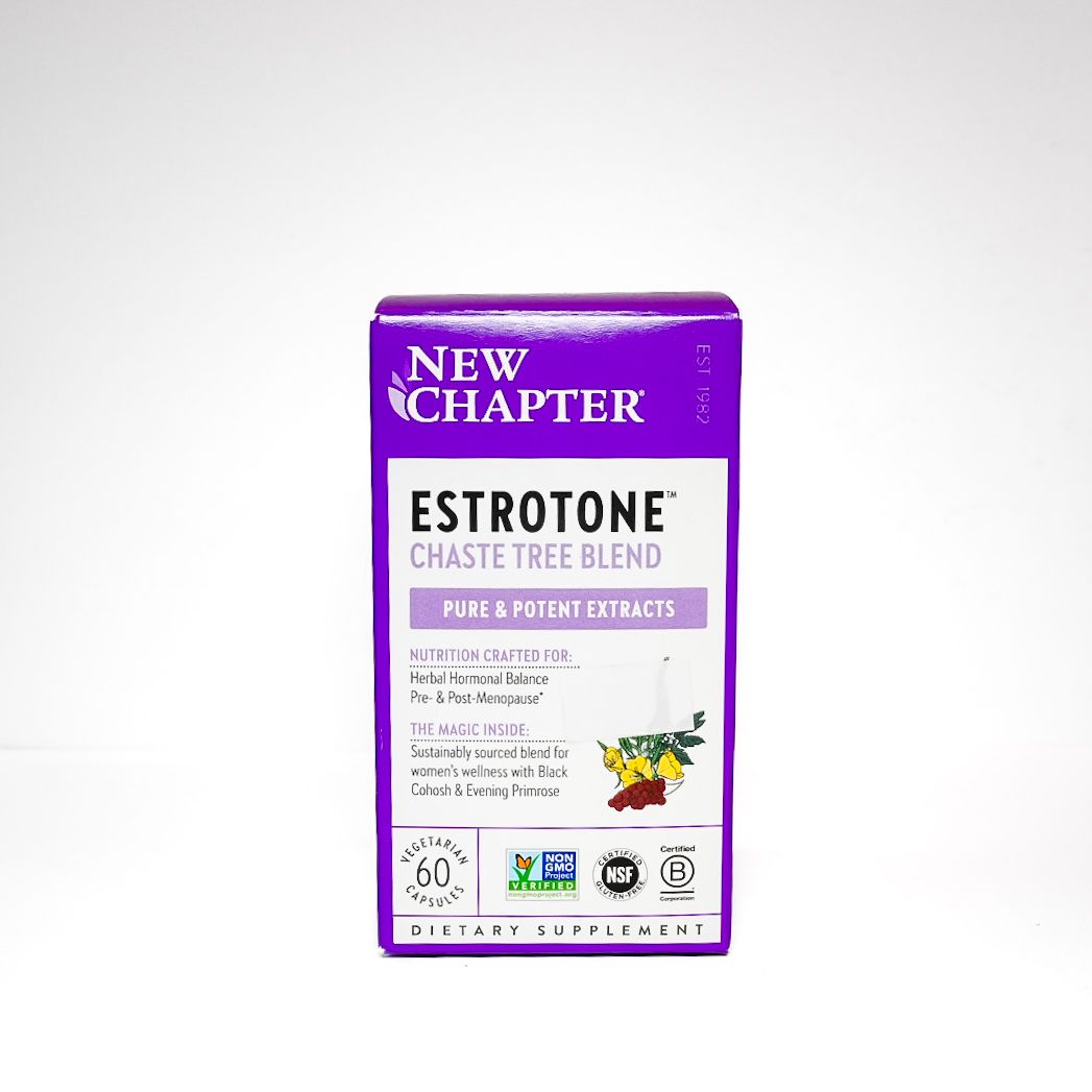 Purple New Chapter Estrotone herbal supplement box on white background