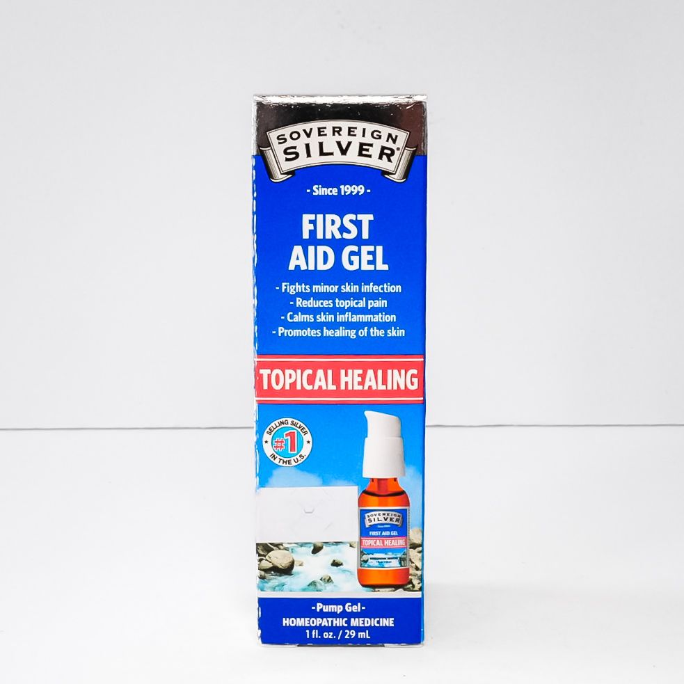 Blue-and-white Sovereign Silver First Aid Gel topical healing spray bottle box packaging